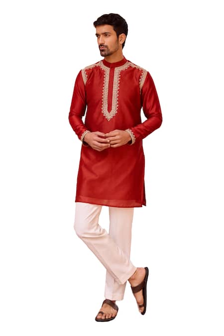ISHA GUPTA TAYAL_Red Chanderi Silk, Cotton, Lycra Embroidery Dori Marodi Work Kurta And Pant Set _Online_at_Aza_Fashions