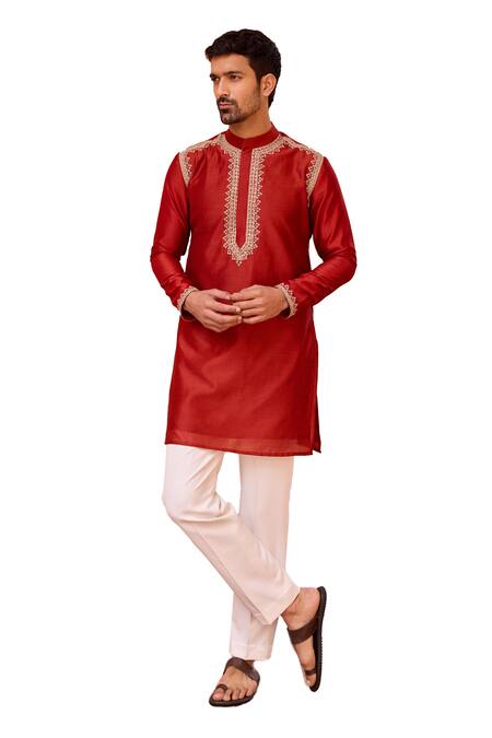 ISHA GUPTA TAYAL Red Chanderi Silk, Cotton Diamonds, Embroidery Marodi Work Short Kurta Online at Aza Fashions ISHA GUPTA TAYAL_Red Chanderi Silk, Cotton Diamonds, Embroidery Marodi Work Short Kurta _Online_at_Aza_Fashions