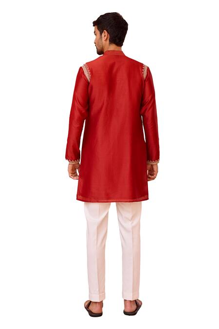 Buy ISHA GUPTA TAYAL Red Chanderi Silk, Cotton Diamonds, Embroidery Marodi Work Short Kurta Online at Aza Fashions Buy_ISHA GUPTA TAYAL_Red Chanderi Silk, Cotton Diamonds, Embroidery Marodi Work Short Kurta _Online_at_Aza_Fashions