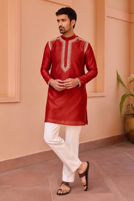 Shop ISHA GUPTA TAYAL Red Chanderi Silk, Cotton Diamonds, Embroidery Marodi Work Short Kurta Online at Aza Fashions Shop_ISHA GUPTA TAYAL_Red Chanderi Silk, Cotton Diamonds, Embroidery Marodi Work Short Kurta _Online_at_Aza_Fashions