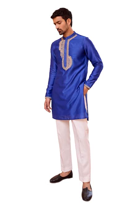 ISHA GUPTA TAYAL_Blue Chanderi Silk, Cotton, Lycra Embroidery Dori Marodi Kurta And Pant Set _Online_at_Aza_Fashions