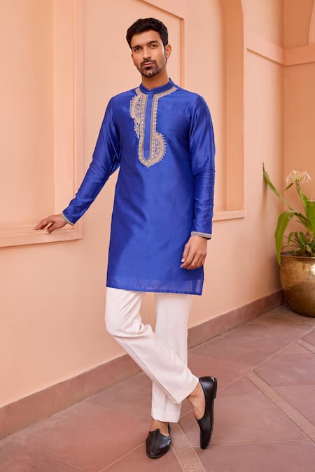 ISHA GUPTA TAYAL_Blue Chanderi Silk, Cotton Embroidery Dori Work Short Kurta _Online_at_Aza_Fashions