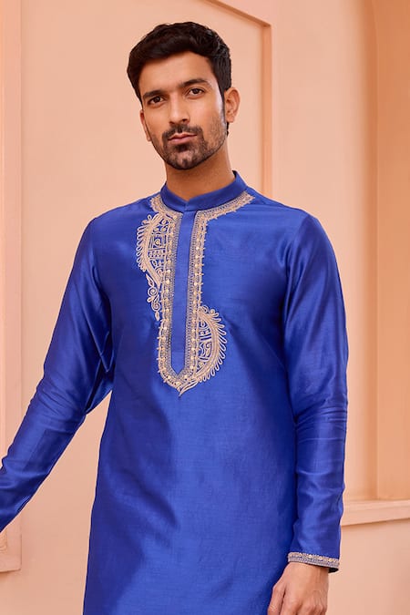 Shop_ISHA GUPTA TAYAL_Blue Chanderi Silk, Cotton Embroidery Dori Work Short Kurta _Online_at_Aza_Fashions
