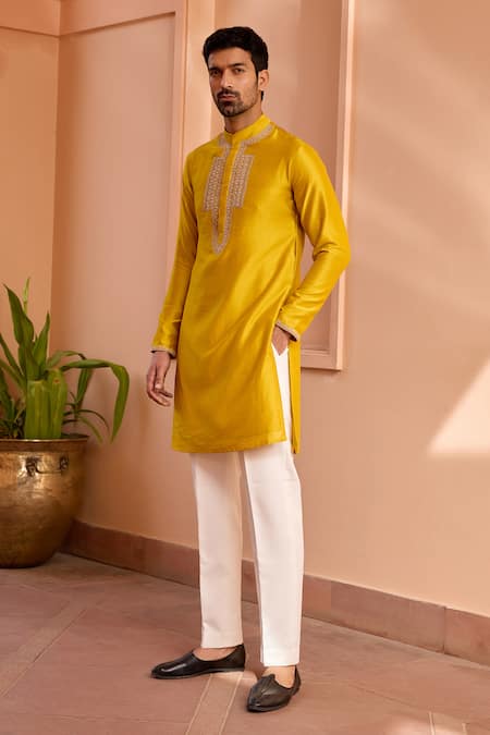 Isha Gupta Tayal Yellow Kurta Pure Chanderi Silk Embroidered Dori Marodi Work And Pant Set 