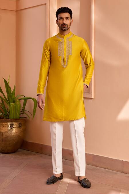 ISHA GUPTA TAYAL_Yellow Chanderi Silk, Cotton, Lycra Embroidery Marodi Dori Work Kurta And Pant Set _Online_at_Aza_Fashions