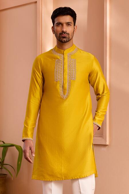 Shop_ISHA GUPTA TAYAL_Yellow Chanderi Silk, Cotton, Lycra Embroidery Marodi Dori Work Kurta And Pant Set _Online_at_Aza_Fashions