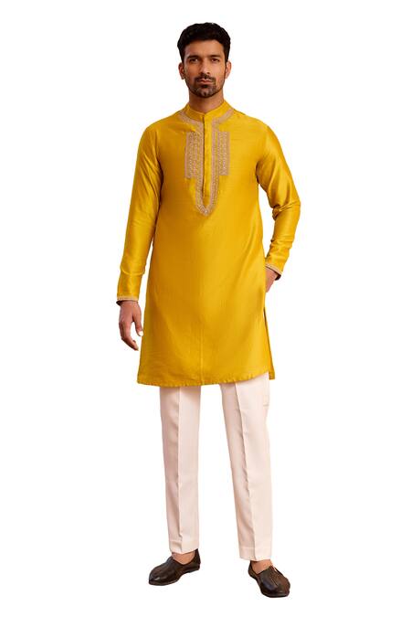 ISHA GUPTA TAYAL_Yellow Chanderi Silk, Cotton, Lycra Embroidery Marodi Dori Work Kurta And Pant Set _at_Aza_Fashions