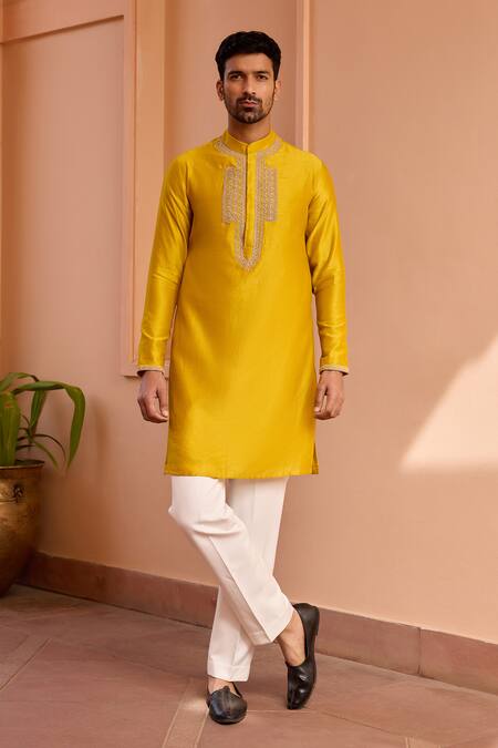 Shop_ISHA GUPTA TAYAL_Yellow Chanderi Silk, Cotton Embroidery Marodi Dori Kurta _Online_at_Aza_Fashions