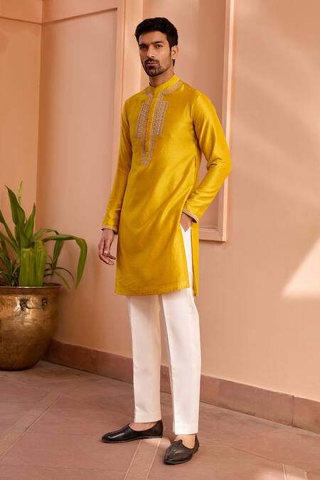 ISHA GUPTA TAYAL_Yellow Chanderi Silk, Cotton Embroidery Marodi Dori Kurta _at_Aza_Fashions