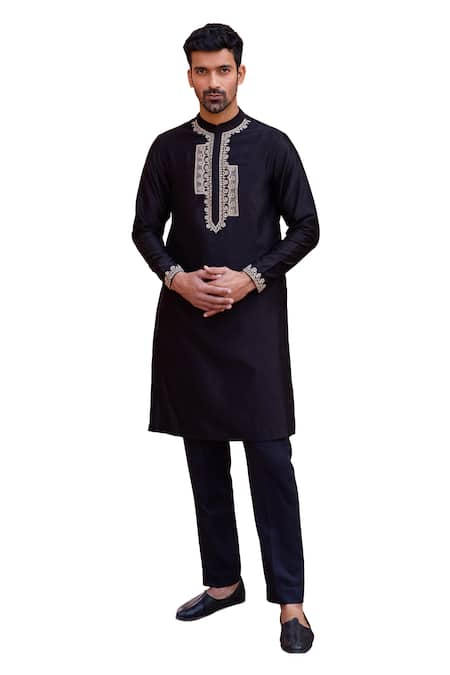 ISHA GUPTA TAYAL Black Chanderi Silk, Cotton Embroidery Marodi Dori Kurta And Pant Set at Aza Fashions ISHA GUPTA TAYAL_Black Chanderi Silk, Cotton Embroidery Marodi Dori Kurta And Pant Set _at_Aza_Fashions