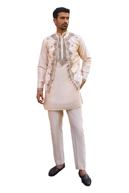 Shop_ISHA GUPTA TAYAL_Beige Chanderi Silk, Cotton Embroidery, Zari Bundi Set _Online_at_Aza_Fashions