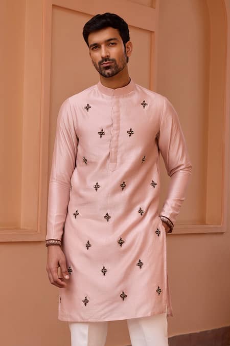 Buy_ISHA GUPTA TAYAL_Pink Chanderi Silk, Cotton, Lycra Embroidery Thread Kurta And Pant Set _Online_at_Aza_Fashions