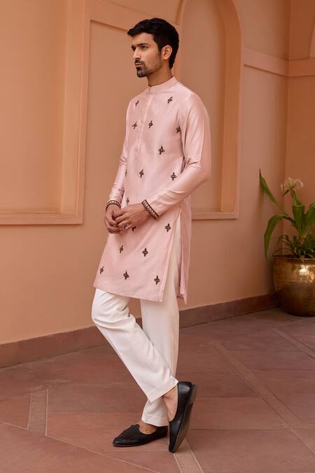ISHA GUPTA TAYAL_Pink Chanderi Silk, Cotton, Lycra Embroidery Thread Kurta And Pant Set _at_Aza_Fashions