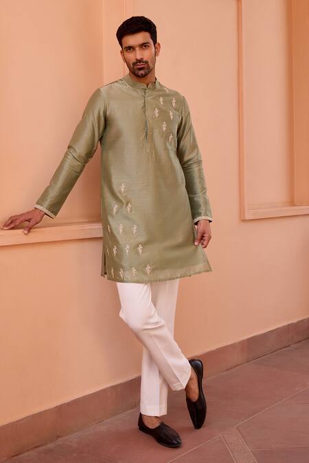 ISHA GUPTA TAYAL_Green Chanderi Silk, Cotton, Lycra Diamonds Dori Embroidered Kurta And Pant Set _Online_at_Aza_Fashions