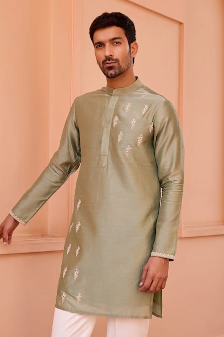 Shop_ISHA GUPTA TAYAL_Green Chanderi Silk, Cotton, Lycra Diamonds Dori Embroidered Kurta And Pant Set _Online_at_Aza_Fashions