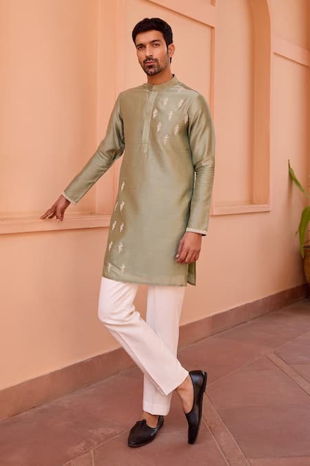 ISHA GUPTA TAYAL_Green Chanderi Silk, Cotton Embroidery Marodi Dori Kurta _Online_at_Aza_Fashions