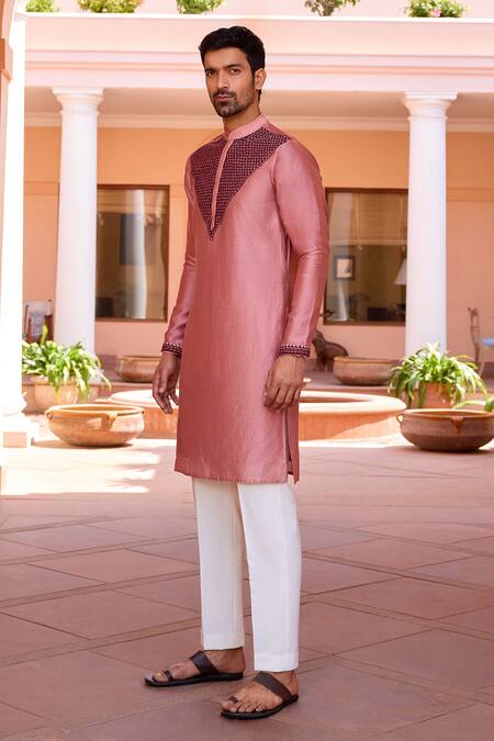 ISHA GUPTA TAYAL_Pink Chanderi Silk, Cotton, Lycra Embroidery Kurta And Pant Set _at_Aza_Fashions