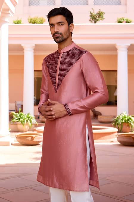 ISHA GUPTA TAYAL Pink Chanderi Silk, Cotton Embroidery Straight Kurta at Aza Fashions ISHA GUPTA TAYAL_Pink Chanderi Silk, Cotton Embroidery Straight Kurta _at_Aza_Fashions
