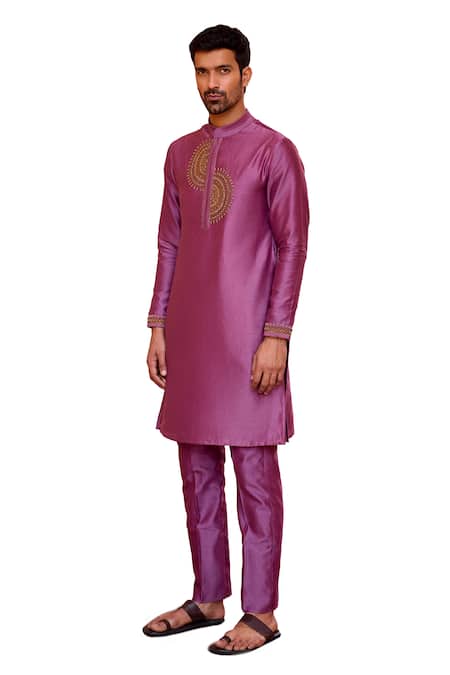 Shop_ISHA GUPTA TAYAL_Wine Chanderi Silk, Cotton Embroidery Marodi Kurta And Pant Set _Online_at_Aza_Fashions