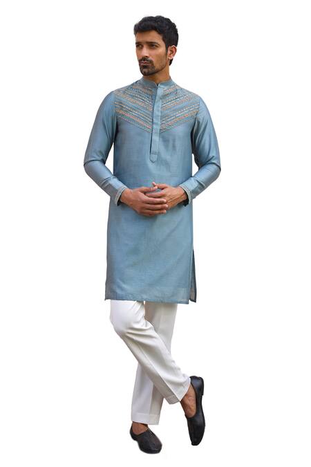 ISHA GUPTA TAYAL_Grey Chanderi Silk, Cotton, Lycra Embroidery Dori Kurta And Pant Set _Online_at_Aza_Fashions