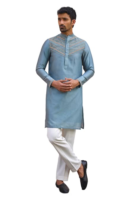 ISHA GUPTA TAYAL Grey Chanderi Silk, Cotton Diamonds Marodi Embroidered Kurta Online at Aza Fashions ISHA GUPTA TAYAL_Grey Chanderi Silk, Cotton Diamonds Marodi Embroidered Kurta _Online_at_Aza_Fashions