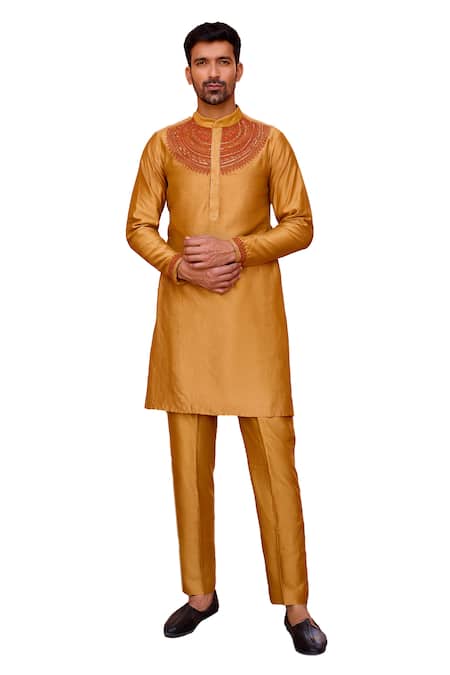 ISHA GUPTA TAYAL_Gold Chanderi Silk, Cotton Embroidery Dori Short Kurta And Pant Set _at_Aza_Fashions