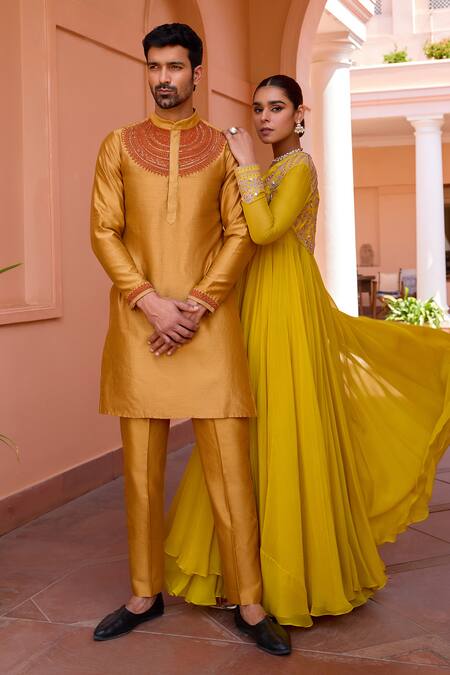 Buy ISHA GUPTA TAYAL Gold Chanderi Silk, Cotton Embroidery Dori Striaght Kurta Online at Aza Fashions Buy_ISHA GUPTA TAYAL_Gold Chanderi Silk, Cotton Embroidery Dori Striaght Kurta _Online_at_Aza_Fashions