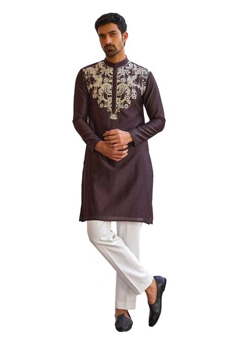 Buy_ISHA GUPTA TAYAL_Wine Chanderi Silk, Cotton, Lycra, Twill Embroidery Marodi Kurta And Pant Set _Online_at_Aza_Fashions