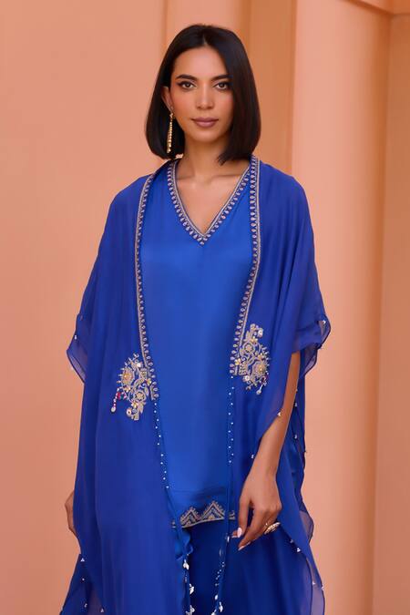 Buy_ISHA GUPTA TAYAL_Blue Linen, Satin Diamonds, Beads, Embroidery V-neck Hoor Cape With Kurta Set _Online_at_Aza_Fashions