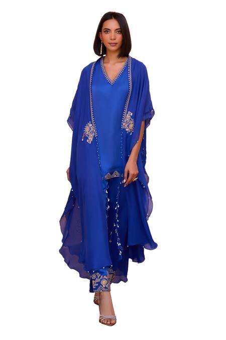 Shop_ISHA GUPTA TAYAL_Blue Linen, Satin Diamonds, Beads, Embroidery V-neck Hoor Cape With Kurta Set _Online_at_Aza_Fashions