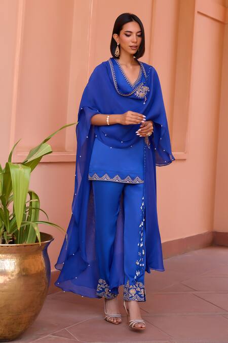 ISHA GUPTA TAYAL_Blue Linen, Satin Diamonds, Beads, Embroidery V-neck Hoor Cape With Kurta Set _at_Aza_Fashions