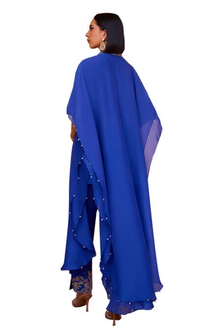 Shop_ISHA GUPTA TAYAL_Blue Linen, Satin Diamonds, Beads, Embroidery V-neck Hoor Cape With Kurta Set 
