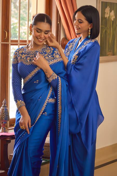 ISHA GUPTA TAYAL_Blue Satin, Organza, Crepe Beads, Sequins, Naazni Kimono Top Skirt Set _Online_at_Aza_Fashions