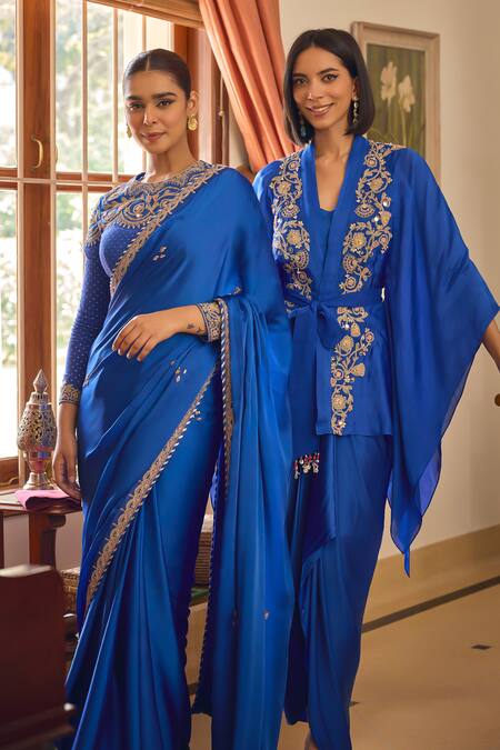 Buy_ISHA GUPTA TAYAL_Blue Satin, Organza, Crepe Beads, Sequins, Naazni Kimono Top Skirt Set _Online_at_Aza_Fashions