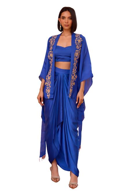 Buy_ISHA GUPTA TAYAL_Blue Satin, Organza, Crepe Beads, Sequins, Naazni Kimono Top Skirt Set 