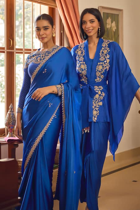 Buy_ISHA GUPTA TAYAL_Blue Organza, Satin Sequins, Beads Naazni Embroidered Kimono Top With Bustier _Online_at_Aza_Fashions