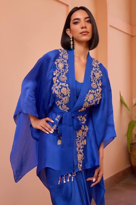 Shop_ISHA GUPTA TAYAL_Blue Organza, Satin Sequins, Beads Naazni Embroidered Kimono Top With Bustier _Online_at_Aza_Fashions