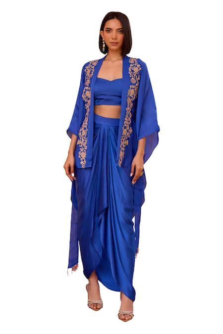 ISHA GUPTA TAYAL_Blue Organza, Satin Sequins, Beads Naazni Embroidered Kimono Top With Bustier _at_Aza_Fashions