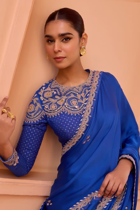 ISHA GUPTA TAYAL_Blue Satin, Chanderi Sequins, Pearls Noor Border Embroidered Saree With Blouse _at_Aza_Fashions