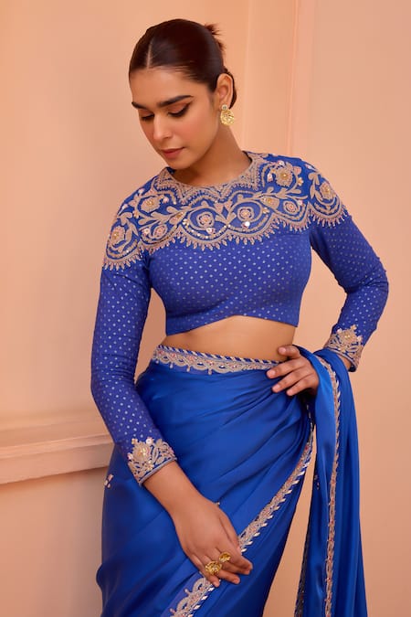 Buy_ISHA GUPTA TAYAL_Blue Satin, Chanderi Sequins, Pearls Noor Border Embroidered Saree With Blouse 