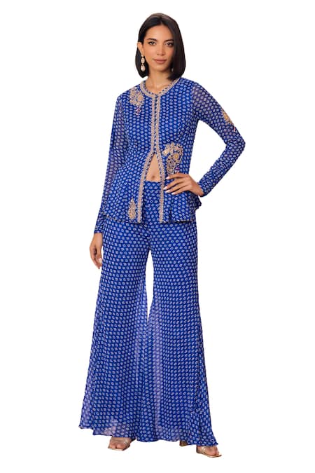 Buy_ISHA GUPTA TAYAL_Blue Georgette, Satin Diamonds, Ridha Bandhani Print Top And Sharara Set _Online_at_Aza_Fashions