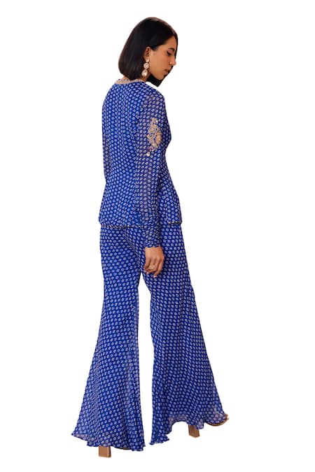 Shop_ISHA GUPTA TAYAL_Blue Georgette, Satin Diamonds, Ridha Bandhani Print Top And Sharara Set _Online_at_Aza_Fashions