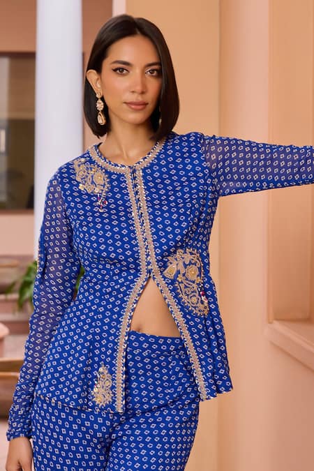 Buy_ISHA GUPTA TAYAL_Blue Georgette, Satin Diamonds, Ridha Bandhani Print Top And Sharara Set 