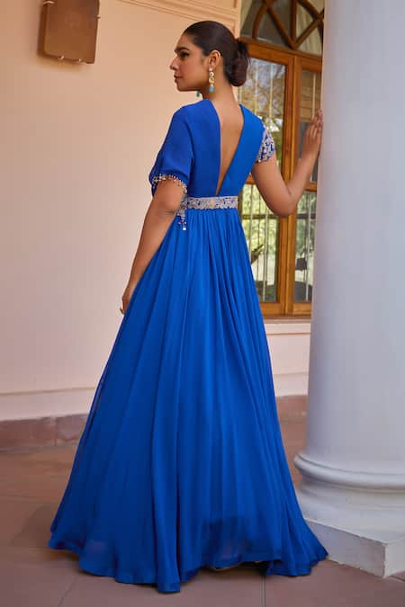 Shop ISHA GUPTA TAYAL Blue Organza, Georgette, Satin, Mahika Sleeve Embroidered Anarkali With Dupatta at Aza Fashions Shop_ISHA GUPTA TAYAL_Blue Organza, Georgette, Satin, Mahika Sleeve Embroidered Anarkali With Dupatta _at_Aza_Fashions
