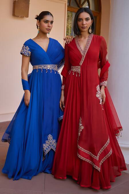 ISHA GUPTA TAYAL Blue Organza, Georgette, Satin, Mahika Sleeve Embroidered Anarkali With Dupatta Online at Aza Fashions ISHA GUPTA TAYAL_Blue Organza, Georgette, Satin, Mahika Sleeve Embroidered Anarkali With Dupatta _Online_at_Aza_Fashions