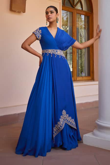 Buy ISHA GUPTA TAYAL Blue Organza, Georgette, Satin, Mahika Sleeve Embroidered Anarkali With Dupatta Online at Aza Fashions Buy_ISHA GUPTA TAYAL_Blue Organza, Georgette, Satin, Mahika Sleeve Embroidered Anarkali With Dupatta _Online_at_Aza_Fashions