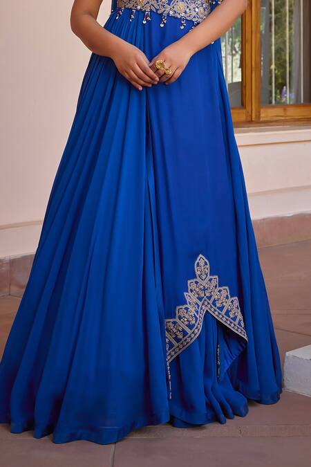 Shop ISHA GUPTA TAYAL Blue Organza, Georgette, Satin, Mahika Sleeve Embroidered Anarkali With Dupatta Online at Aza Fashions Shop_ISHA GUPTA TAYAL_Blue Organza, Georgette, Satin, Mahika Sleeve Embroidered Anarkali With Dupatta _Online_at_Aza_Fashions
