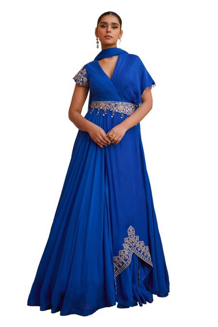 ISHA GUPTA TAYAL Blue Organza, Georgette, Satin, Mahika Sleeve Embroidered Anarkali With Dupatta at Aza Fashions ISHA GUPTA TAYAL_Blue Organza, Georgette, Satin, Mahika Sleeve Embroidered Anarkali With Dupatta _at_Aza_Fashions