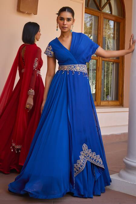 Buy ISHA GUPTA TAYAL Blue Organza, Georgette, Satin, Mahika Sleeve Embroidered Anarkali With Dupatta Buy_ISHA GUPTA TAYAL_Blue Organza, Georgette, Satin, Mahika Sleeve Embroidered Anarkali With Dupatta