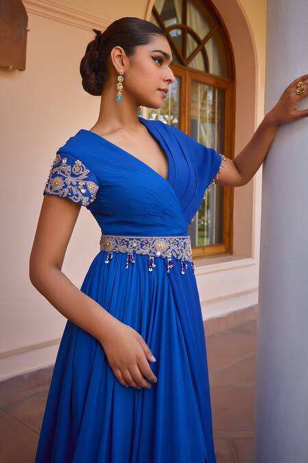 Shop ISHA GUPTA TAYAL Blue Organza, Georgette, Satin, Mahika Sleeve Embroidered Anarkali With Dupatta Shop_ISHA GUPTA TAYAL_Blue Organza, Georgette, Satin, Mahika Sleeve Embroidered Anarkali With Dupatta